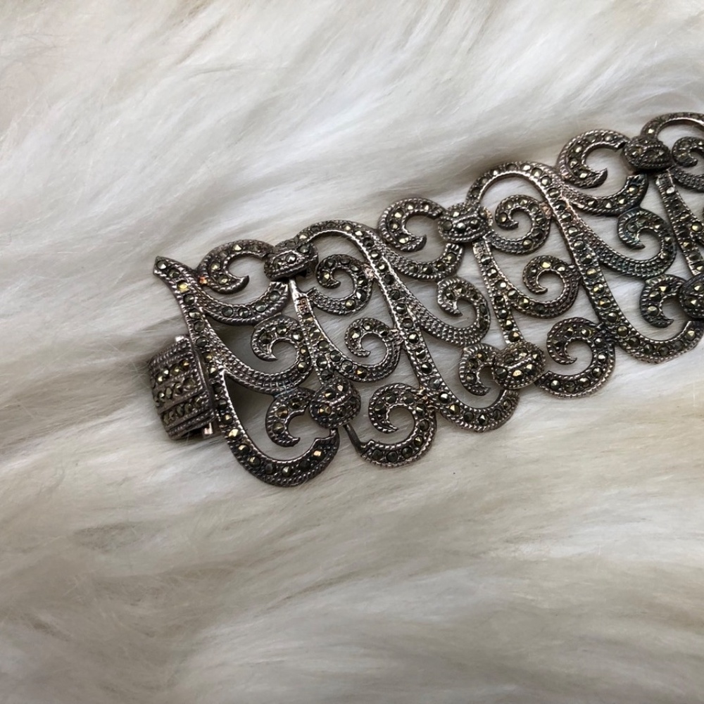 Maureen Wide Solid Silver Marcasite Bracelet - image 5